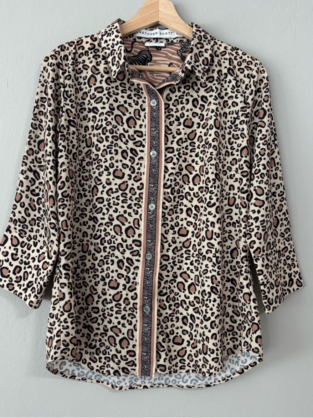 Gretchen Scott Leopard Print Button Up Mid Sleeve Blouse